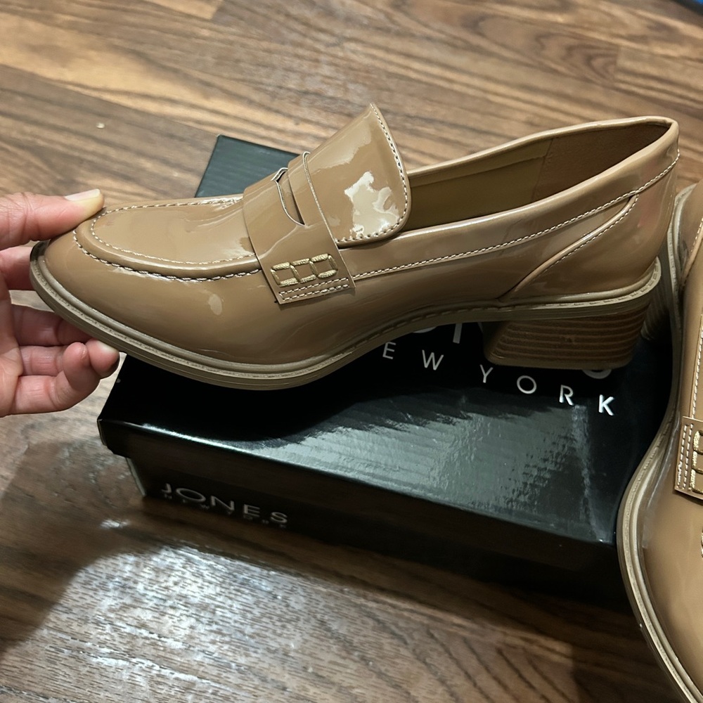 Tan patent leather loafers